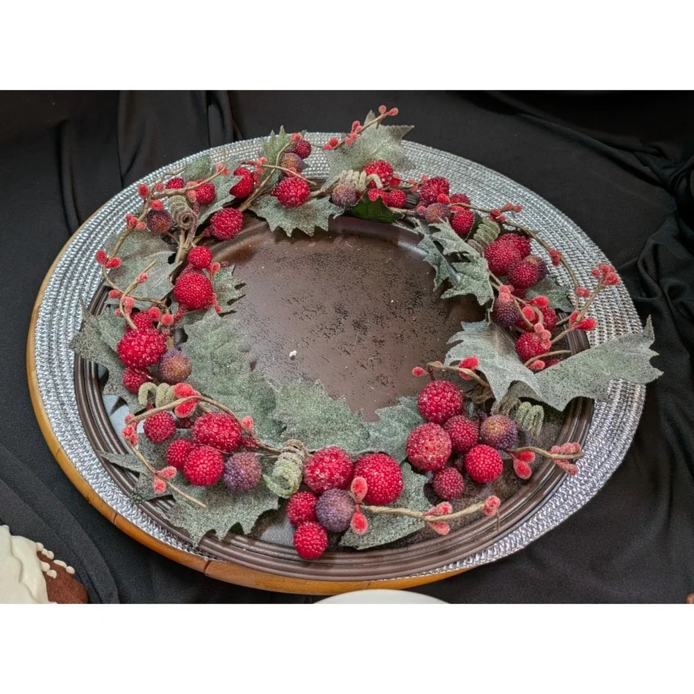 Centerpiece Candle Holder Ring Floral Roses Cranberries Holly Glitter Christmas